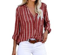 Leinenbluse Damen Hemd - Gestreifte Bluse Damen Sommer T-Shirt Baumwolle Leinen Oberteile Knopfleiste Langarm Leinenhemd mit Brusttasche Blusenshirt Tunika Arbeits Tops T-Shirts & Blusen für Frauen