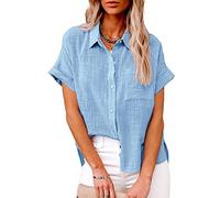 Leinenbluse Damen Hemd mit Brusttasche - Knopfleiste Bluse Damen T-Shirt Baumwolle Leinen Sommer Oberteile Revers Leinenhemd Kurzarmshirt Blusenshirt Tunika Arbeits Tops T-Shirts & Blusen für Frauen
