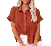 Leinenbluse Damen Hemd mit Brusttasche - Knopfleiste Bluse Damen T-Shirt Baumwolle Leinen Sommer Oberteile Revers Leinenhemd Kurzarmshirt Blusenshirt Tunika Arbeits Tops T-Shirts & Blusen für Frauen