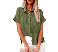 Leinenbluse Damen Hemd mit Brusttasche - Knopfleiste Bluse Damen T-Shirt Baumwolle Leinen Sommer Oberteile Revers Leinenhemd Kurzarmshirt Blusenshirt Tunika Arbeits Tops T-Shirts & Blusen für Frauen