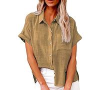 Leinenbluse Damen Hemd mit Brusttasche - Knopfleiste Bluse Damen T-Shirt Baumwolle Leinen Sommer Oberteile Revers Leinenhemd Kurzarmshirt Blusenshirt Tunika Arbeits Tops T-Shirts & Blusen für Frauen