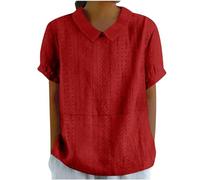leinenbluse Damen Kurzarm Bluse leinen Sommer blusen Einfarbig Baumwoll Revers Musselin Tunika top blusentop（Rot, XXL