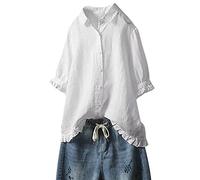 Leinenbluse Damen Langarm Elegant V-Ausschnitt Hemdbluse Musselin Blusenshirt 3/4 Ärmel Button Down Oberteile Tunika Einfarbig Revers Hemd Damenblusen Frühling Baumwolle Leinen Bluse Sommer Blusen