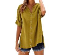 Leinenbluse Damen Langarm Hemd Top Stand Volltonfarbe Ärmel Kragen Lässiges Damenhemd Schluppenbluse Italienische Blusen Longshirt Kurzarm Boxy Shirt Basic Tshirt Sommer Baumwolle Oversize Gold 5XL