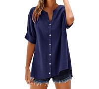 Leinenbluse Damen Langarm Hemd Top Stand Volltonfarbe Ärmel Kragen Lässiges Damenhemd Schluppenbluse Italienische Blusen Longshirt Kurzarm Boxy Shirt Basic Tshirt Sommer Baumwolle Oversize Marine S