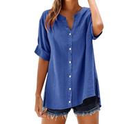 Leinenbluse Damen Langarm Hemd Top Stand Volltonfarbe Ärmel Kragen Lässiges Damenhemd Schluppenbluse Italienische Blusen Longshirt Kurzarm Boxy Shirt Basic Tshirt Sommer Baumwolle Oversize Blau L