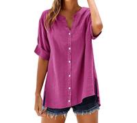 Leinenbluse Damen Langarm Hemd Top Stand Volltonfarbe Ärmel Kragen Lässiges Damenhemd Schluppenbluse Italienische Blusen Longshirt Kurzarm Boxy Shirt Basic Tshirt Sommer Baumwolle Oversize Hot Rosa S