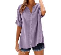 Leinenbluse Damen Langarm Shirt Top Stand Solid Color Sleeve Collar Casual Women's Tshirt Baumwolle Shirts Mode Für Oversized Oversize Blusen Kurzarm Bluse Sommer Elegant Große Größen T Tunika Lila S