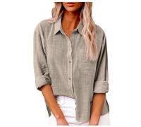 Leinenbluse Damen, Leinenbluse Damen Oversized Leinen Hemd Baumwolle Leinenhemd Mit Knopfleiste Oberteile Langarm Revers Bluse Einfarbig Tops Mit Brusttasche Basic Unterhemd, S-XXL, Khaki, L
