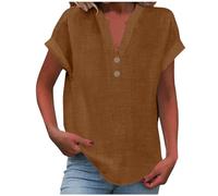 leinenbluse damen, musselin bluse damen 2025 Frauen Sommer Tshirt Baumwolle Leinen Cap Sleeve T-Shirt Knopf V-Ausschnitt Tunika Tops Mode Baggy Solid Plain Casual Tshirts Trendy Bluse kaffee 3XL
