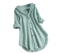 Leinenbluse Damen Musselin Bluse Revers Einreihiges Shirt Ringelshirt Langarmshirt Damen Bluse Elegant Streifenbluse V-Ausschnitt Lässig Hemd Langarm Stilvoll Shirt Büro Arbeit Tops mit Tasche