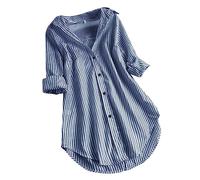 Leinenbluse Damen Musselin Bluse Revers Einreihiges Shirt Ringelshirt Langarmshirt Damen Bluse Elegant Streifenbluse V-Ausschnitt Lässig Hemd Langarm Stilvoll Shirt Büro Arbeit Tops mit Tasche