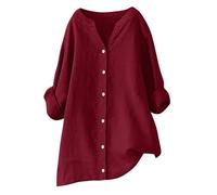 Leinenbluse Damen Musselin Bluse Sommer Longshirt Blusen Tuniken für Damen Longbluse Hemdbluse Oversize Tunika V-Ausschnitt Große Größen Leinenhemd Freizeit Strand Bluse Longbluse (A02-Red, XXXL)