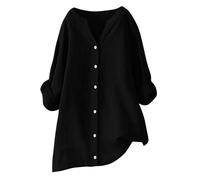 Leinenbluse Damen Musselin Bluse Sommer Longshirt Blusen Tuniken für Damen Longbluse Hemdbluse Oversize Tunika V-Ausschnitt Große Größen Leinenhemd Freizeit Strand Bluse Longbluse (A02-Black, XXXL)