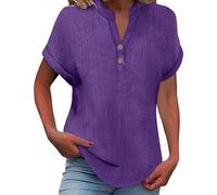 leinenbluse Damen, Musselin Leinenbluse Damen 2025 Frauen Sommer Tshirt Baumwolle Leinen T-Shirt Knopf V-Ausschnitt Tunika Tops Casual Tshirts Trendy Strandkleid Bluse, lila 5XL