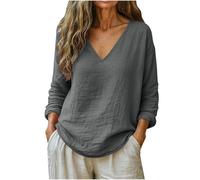 Leinenbluse Damen Musselin Oberteil Sommer Elegant Locker Tunika Lange Ärmel V-Ausschnitt Oberteil Leinen Pullover Hemd Einfarbig Casual Blusenshirt Leicht und Luftig Damenbluse Baumwolle Hemden