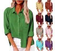 Leinenbluse Damen Sale, T-Shirts für Damen Button-Down Hemd Übergröße Musselin Bluse Damen Sommerhemd Baumwolle Langarmshirt mit Brusttasche Businessbluse Blusenshirt Sommer Tunika Atmungsaktive Tops