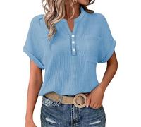 Leinenbluse Damen Sommer Baumwoll Tunika Mode Frühjahr 225 Einfarbig Kurzarm Oberteile Button-Down V Ausschnitt Hemd Modische Hemdbluse Leicht Atmungsaktive Oberteil Aus Baumwolle Und Leinen Lang