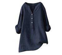 Leinenbluse Damen Sommer - Bluse Damen Elegant -Oberteile Damen V-Ausschnitt T-Shirt Knopfleiste Stehkragen Langarm Longshirt Baumwolle Leinen Tunika Große Größen Tops Blusen & Tuniken für Frauen
