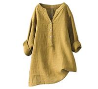 Leinenbluse Damen Sommer - Bluse Damen Elegant -Oberteile Damen V-Ausschnitt T-Shirt Knopfleiste Stehkragen Langarm Longshirt Baumwolle Leinen Tunika Große Größen Tops Blusen & Tuniken für Frauen