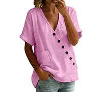 Leinenbluse Damen Sommer Elegant Bluse Baumwolle Leinen V Ausschnitt Longshirt Freizeit Leicht Kurzarm Hemdbluse Luftig Einfarbig Tunika Loose Strand Longbluse für Frauen Oberteile Casual