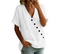 Leinenbluse Damen Sommer Elegant Bluse Baumwolle Leinen V Ausschnitt Longshirt Freizeit Leicht Kurzarm Hemdbluse Luftig Einfarbig Tunika Loose Strand Longbluse für Frauen Oberteile Casual