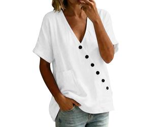 Leinenbluse Damen Sommer Elegant Bluse Baumwolle Leinen V Ausschnitt Longshirt Freizeit Leicht Kurzarm Hemdbluse Luftig Einfarbig Tunika Loose Strand Longbluse für Frauen Oberteile Casual