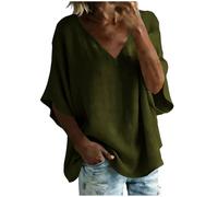 Leinenbluse Damen Sommer Elegant Leicht Tunika Baumwolle Leinen Longshirt Freizeit Kurzarm Hemdbluse V Ausschnitt Luftig Einfarbig Leinenhemd Loose Strand Blusenshirt für Frauen Casual Shirt