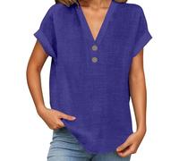Leinenbluse Damen Sommer, Elegante Leinen Tshirt V-Ausschnitt Leinenshirt mit Knopf T Shirt Kurzarm Blusen Lose Longshirt Oversized Tee Shirts Freizeit Leinenhemd Große Größen Oberteile Tunika, S-5XL