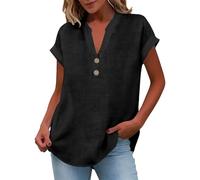 Leinenbluse Damen Sommer, Elegante Leinen Tshirt V-Ausschnitt Leinenshirt mit Knopf T Shirt Kurzarm Blusen Lose Longshirt Oversized Tee Shirts Freizeit Leinenhemd Große Größen Oberteile Tunika, S-5XL