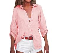 Leinenbluse Damen Sommer, Hemd Damen Locker,Bluse Damen 3/4 Arm Oberteile Revers Arbeitshemd Hemdbluse Lässige Leinenhemd Mode Leinen Blsuen Oberteil mit Knöpfe Sommerhemd Damenblusen
