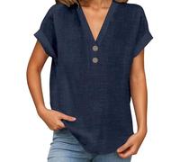 Leinenbluse Damen Sommer Kurzarm Baumwolle Leinen Tshirt V-Ausschnitt Elegante Leinenshirt Lose Kurzarm Blusen Longshirt Oversized Tee Top Elegant Oberteile Locker Bluse mit Knöpfe (A03-Navy, XXXL)