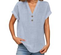 Leinenbluse Damen Sommer Kurzarm Baumwolle Leinen Tshirt V-Ausschnitt Elegante Leinenshirt Lose Kurzarm Blusen Longshirt Oversized Tee Top Elegant Oberteile Locker Bluse mit Knöpfe (A03-Light Gray, M)