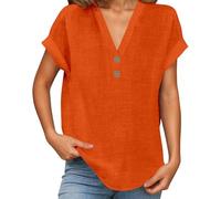 Leinenbluse Damen Sommer Kurzarm Baumwolle Leinen Tshirt V-Ausschnitt Elegante Leinenshirt Lose Kurzarm Blusen Longshirt Oversized Tee Top Elegant Oberteile Locker Bluse mit Knöpfe (A03-Orange, XXL)