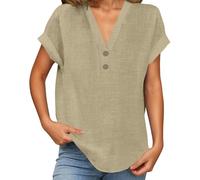 Leinenbluse Damen Sommer Kurzarm Baumwolle Leinen Tshirt V-Ausschnitt Elegante Leinenshirt Lose Kurzarm Blusen Longshirt Oversized Tee Top Elegant Oberteile Locker Bluse mit Knöpfe (A03-Beige, XL)