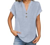Leinenbluse Damen Sommer Kurzarm Baumwolle Leinen Tshirt V-Ausschnitt Elegante Leinenshirt Lose Kurzarm Blusen Longshirt Oversized Tee Top Elegant Oberteile Locker Bluse mit Knöpfe (A01-Light GrayXXXX