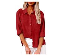 leinenbluse Damen Sommer Kurzarm leinenhemd lang Bluse Langarm Einfarbig Baumwoll Leinen Revers Musselin Tunika hemdbluse Weiss Dirndlbluse(Rot, 3XL)