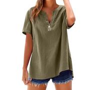 Leinenbluse Damen Sommer Kurzarm mit Knöpfen Tshirt V Ausschnitt Leinenhemd Elegant Damenblusen Bequem Hemdbluse Basic T-Shirts Casual Top Uni Farbe Bluse Dirndl Sale