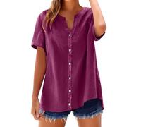 Leinenbluse Damen Sommer Kurzarm mit Knöpfen Tshirt V Ausschnitt Leinenhemd Elegant Damenblusen Bequem Hemdbluse Basic T-Shirts Casual Top Uni Farbe Bluse Sale Damen