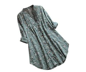 Leinenbluse Damen Sommer Kurzarm Oversize Oberteile Lang Tunika Longshirt Grosse Grössen Leinentunika V-Ausschnitt Faltenbluse Frauen T-Shirt Blumen lässige Damenbluse Teenager Mädchen Sommershirts