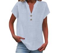 Leinenbluse Damen Sommer Langarm Button Shirt Top Stand Volltonfarbe Ärmel Kragen Casual Tshirt Elegant Blusenshirt T-Shirts Blusen Oversize Bluse Lang Shirts Longshirts Kurzarm T-Shirt Große Hellblau