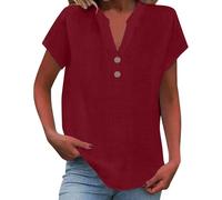 Leinenbluse Damen Sommer Langarm Button Shirt Top Stand Volltonfarbe Ärmel Kragen Casual Tshirt Elegant Blusenshirt T-Shirts Blusen Oversize Bluse Lang Shirts Longshirts Kurzarm T-Shirt Große Wein