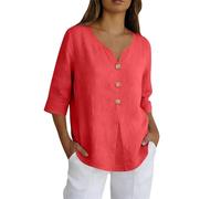 Leinenbluse Damen Sommer Langarm Locker Sitzendes Hemd Mit Knopfleiste Neuer Bordürenrand Einfarbig Baumwolle Und Leinen Dreiviertelärmel Oversized Tshirt T Schirts Für Ausgefallene Tshirts Rot XL