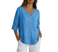 Leinenbluse Damen Sommer Langarm Locker Sitzendes Hemd Mit Knopfleiste Neuer Bordürenrand Einfarbig Baumwolle Und Leinen Dreiviertelärmel Oversized Tshirt T Schirts Für Ausgefallene Tshirts Himmelblau