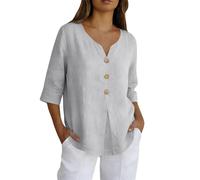 Leinenbluse Damen Sommer Langarm Locker Sitzendes Hemd Mit Knopfleiste Neuer Bordürenrand Einfarbig Baumwolle Und Leinen Dreiviertelärmel Oversized Tshirt T Schirts Für Ausgefallene Tshirts Light Ashy
