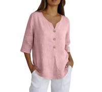 Leinenbluse Damen Sommer Langarm Locker Sitzendes Hemd Mit Knopfleiste Neuer Bordürenrand Einfarbig Baumwolle Und Leinen Dreiviertelärmel Oversized Tshirt T Schirts Für Ausgefallene Tshirts Rosa S