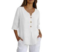 Leinenbluse Damen Sommer Langarm Locker Sitzendes Hemd Mit Knopfleiste Neuer Bordürenrand Einfarbig Baumwolle Und Leinen Dreiviertelärmel Oversized Tshirt T Schirts Für Ausgefallene Tshirts Weiß S