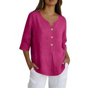 Leinenbluse Damen Sommer Langarm Locker Sitzendes Hemd Mit Knopfleiste Neuer Bordürenrand Einfarbig Baumwolle Und Leinen Dreiviertelärmel Oversized Tshirt T Schirts Für Ausgefallene Tshirts Hot Rosa