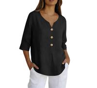 Leinenbluse Damen Sommer Langarm Locker Sitzendes Hemd Mit Knopfleiste Neuer Bordürenrand Einfarbig Baumwolle Und Leinen Dreiviertelärmel Oversized Tshirt T Schirts Für Ausgefallene Tshirts Schwarz