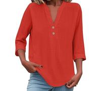 Leinenbluse Damen Sommer Lose Leinenshirt V-Ausschnitt Baumwolle Leinen Tshirt Oversized Kurzarm Leinenhemd Freizeit Oberteile Leichte Longbluse Lässige Blusen T-Shirt Longshirt(Red,XXL)